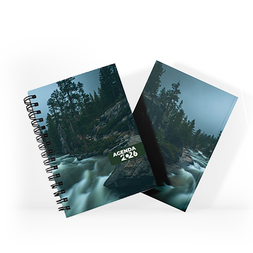 Agenda 2026 tamanho 15x21cm com capa dura em papel empastada com cartão e debrú laminação Prolan, lombada quadrada ou wire-o e miolo pronto